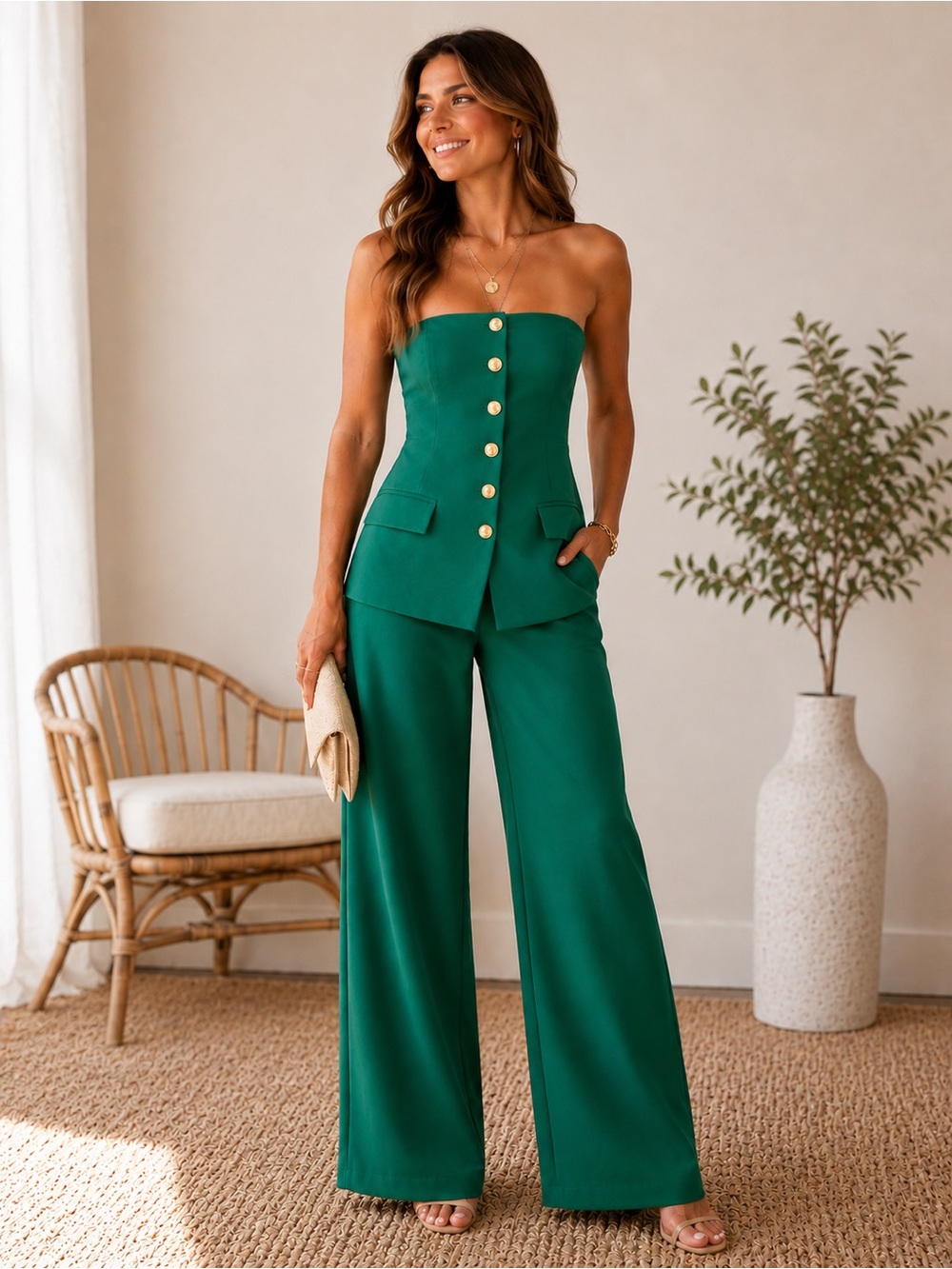 2 piece Skies Are Blue Emerald Green Wide-Leg Pants(S) with Strapless Top (XS)